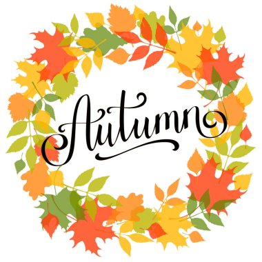 Sonbahar renkli vektör yapraklarının çelengi. Arka planda elle çizilmiş sonbahar yaprakları. Yaprakların düşüşü, sonbahar çerçevesi. Çizim, tasarım ögeleri.