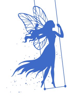 Salıncaktaki peri, tasarım, logo, çıkartma, dekorasyon için vektör silueti çizimi.