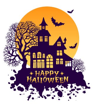 Mutlu Cadılar Bayramı tebrik kartları, tasarım için vektör çizimleri, davetiye, bsnner, baskı. Cadılar Bayramı evinin silueti, dolunay, ağaçlar ve yarasalar.