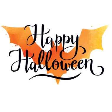 Mutlu Cadılar Bayramı, suluboya yarasa lekesi arkaplanındaki el yazısı vektör harfleri, Cadılar Bayramı tebrik kartı, davetiye, pankart.