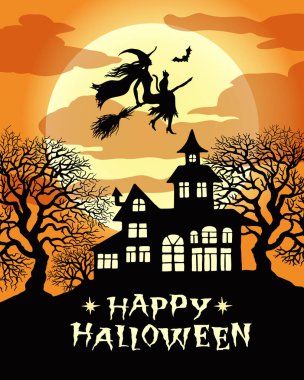 Süpürgede kedi ve dolunayın arka planında yarasalarla uçan cadı silueti tasarım için cadılar bayramı vektör çizimi, tebrik kartı, davetiye.