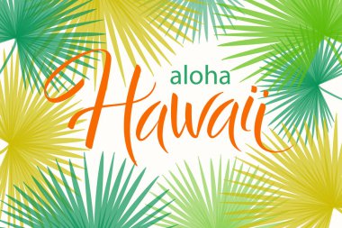 Aloha Hawaii, avuç içi yaprakları çerçeveli el yazısı vektör harfleri, tipografik poster, tişört, baskı, afiş şablonu.