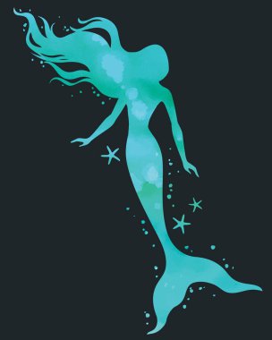 Elle boyanmış denizkızı, suluboya vektör silueti çizimi.