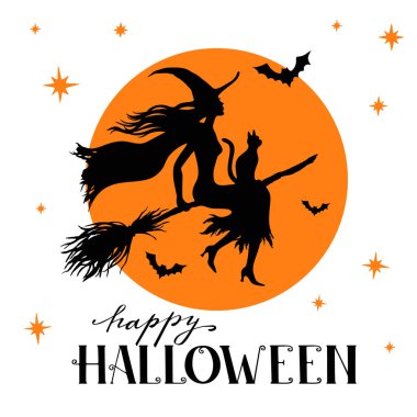 Dolunay ve yıldızlı süpürgede kedisi olan uçan cadının silueti, vektör illüstrasyonu, klasik Cadılar Bayramı tebrik kartı.