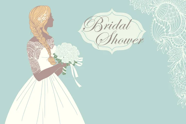 Schöne Braut Mit Einem Rosenstrauß Mit Textrahmen Vektorillustration Für Grußkarte — Stockvektor