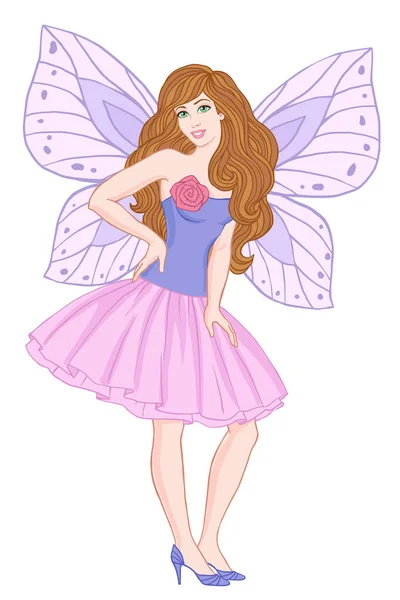 Beautiful Fairy Posing Turquoise Dress Hand Drawn Vector Illustration White — Stock Vector