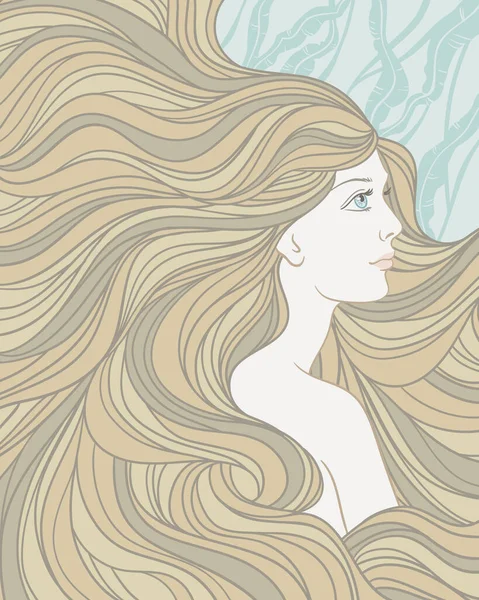 Girl Streaming Hair Hand Drawn Vector Linen Illustration — Stock Vector