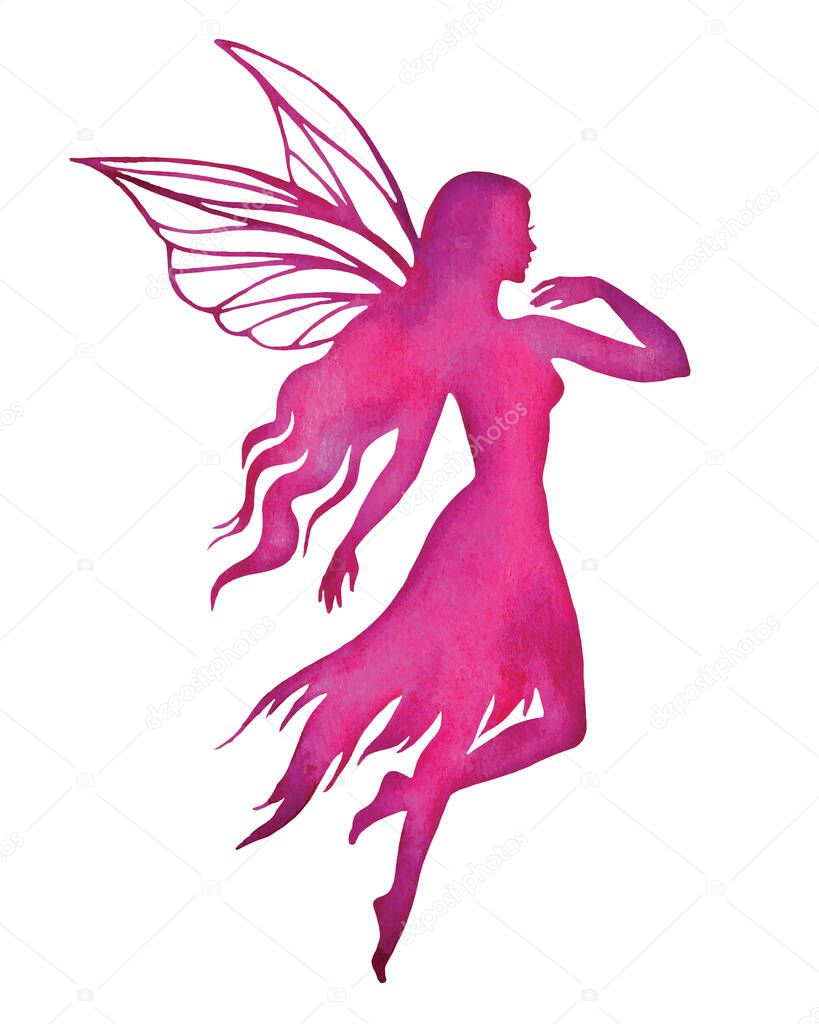 Flying fairy, watercolor vector silhouette illustration.