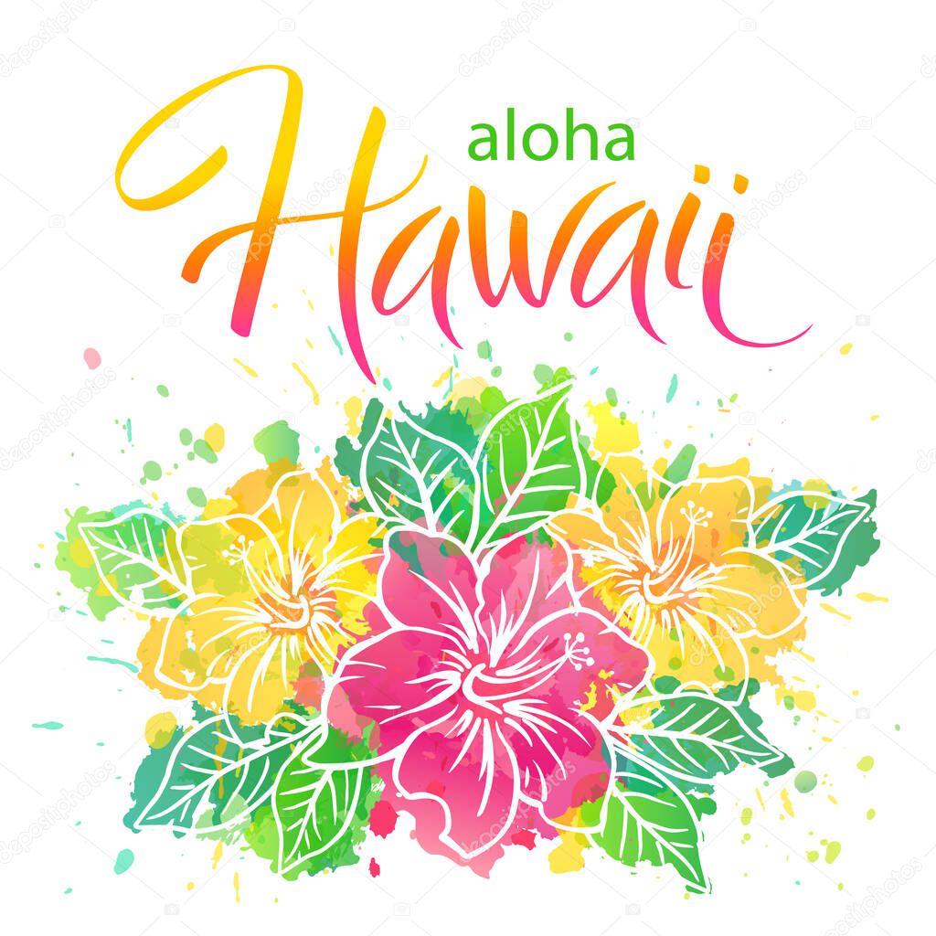 Aloha Hawaii, hand written vector lettering with bouquet of exotic flower, typographic poster, template for t-shirt, print, banner.