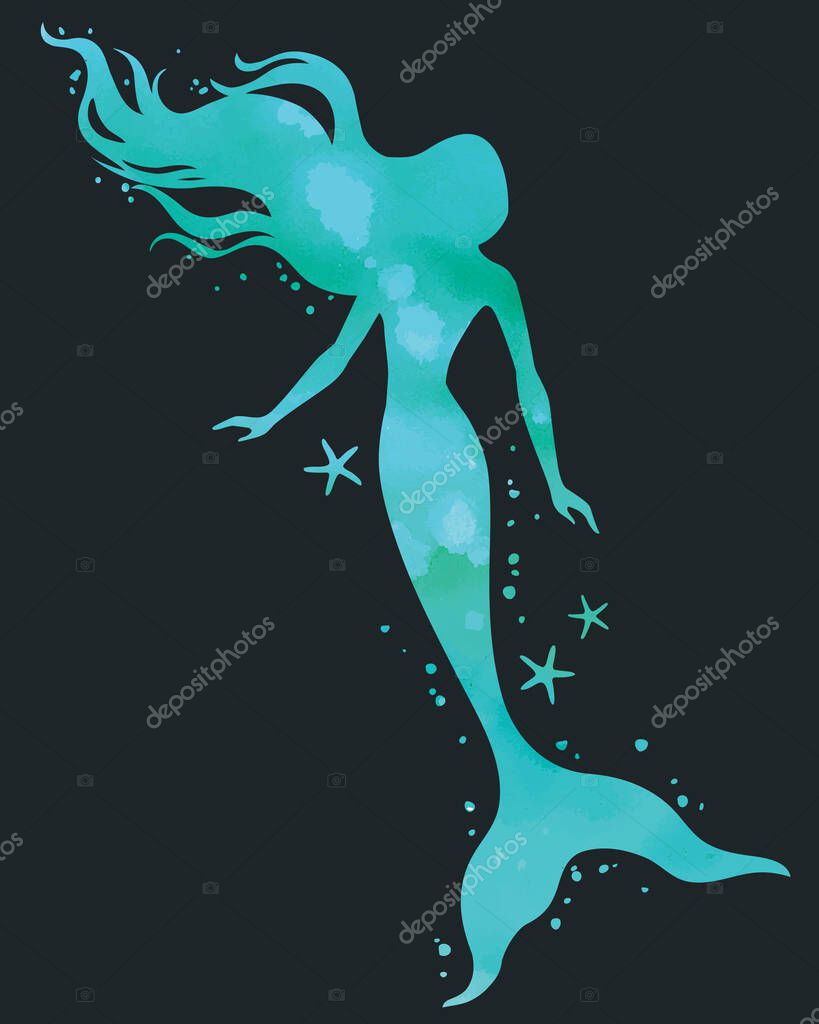 Hand painted mermaid, watercolor vector silhouette illustration.