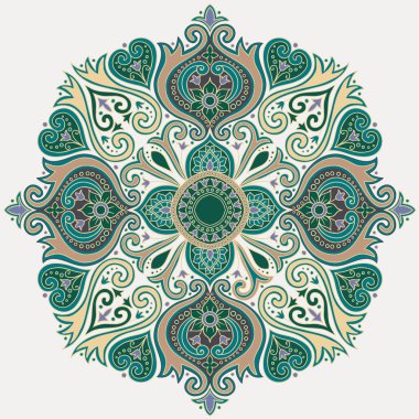 Yuvarlak çiçekli süs deseni. Klasik dekoratif halk sanatı öğesi. El çizimi mandala arkaplanı.