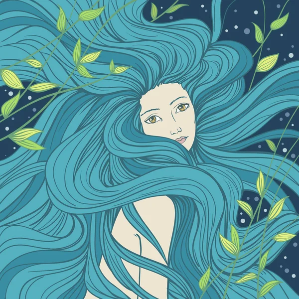 Hermosa Sirena Con Cabello Streaming Ilustración Vectorial Dibujada Mano — Archivo Imágenes Vectoriales