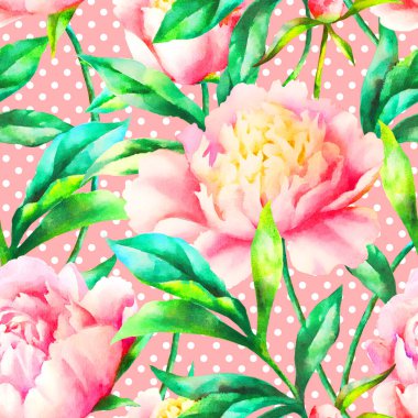 Suluboya el boyası pembe şakayık ve yapraklar, klasik dikişsiz desen, tekstil şablonu, duvar kağıdı, ambalaj kağıdı.