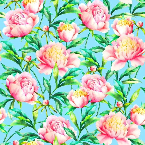 Watercolor Hand Paint Pink Peonies Leaves Seamless Pattern Template Textile — Stock Photo, Image