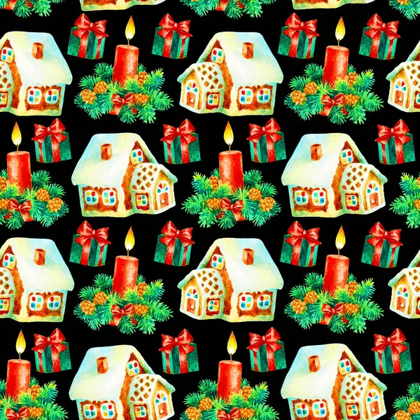 Patrón Sin Costuras Vacaciones Navidad Con Pintura Mano Acuarela Decoraciones —  Fotos de Stock