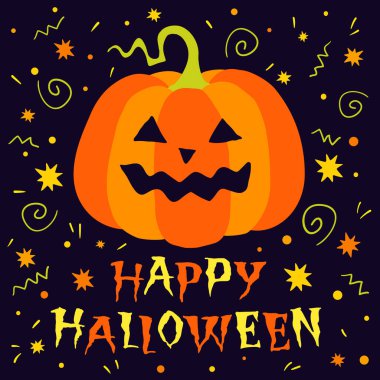  Cadılar Bayramın kutlu olsun, balkabaklı el çizimi kart. Mutlu Cadılar Bayramı için metin pankartı veya arkaplan, el çizimi vektör illüstrasyonu.