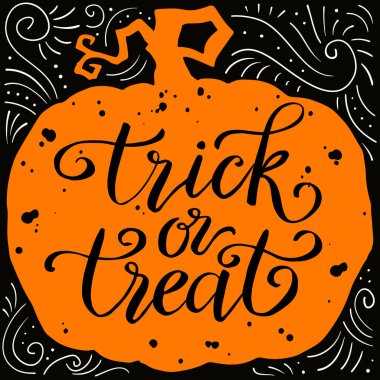  Cadılar Bayramın kutlu olsun, balkabağının siluetine elle yazılmış harfler. Mutlu Cadılar Bayramı için metin pankartı veya arkaplan, el çizimi vektör illüstrasyonu.