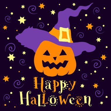 Cadılar Bayramın kutlu olsun, balkabaklı el çizilmiş tatil kartı. Mutlu Cadılar Bayramı için metin pankartı veya arkaplan, el çizimi vektör illüstrasyonu.