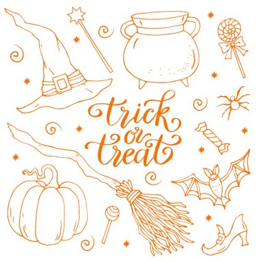 Cadılar Bayramı karalama el elementleri, cadı şapkalı vektör seti, balkabağı, kap, süpürge, yarasa, şekerler, sihirli değnek. 