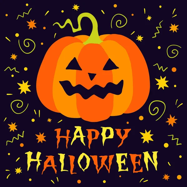 Feliz Halloween Tarjeta Dibujada Mano Con Calabaza Banner Texto Fondo — Vector de stock