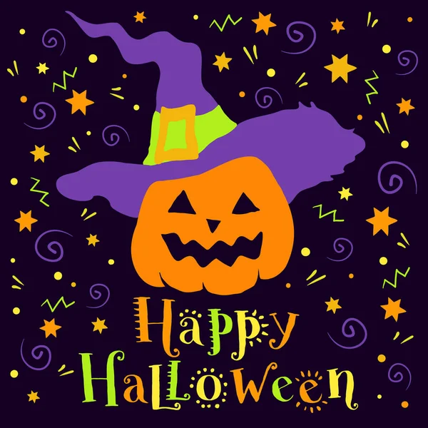 Feliz Halloween Cartão Férias Desenhado Mão Com Abóbora Banner Texto — Vetor de Stock