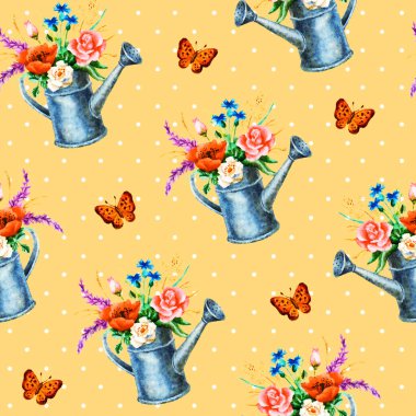 Suluboya el boyası, sulama tenekesinde buket ve kelebek desenli, tekstil, duvar kağıdı, ambalaj kağıdı şablonu..