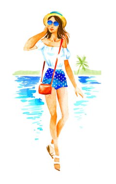 Hasır şapkalı, güneş gözlüklü, şortlu, yaz manzaralı, beyaz arka planda elle boyanmış suluboya resimli bir kız..