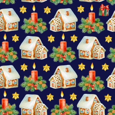 Elle boyanmış suluboya Noel süslemeleri ile Noel tatili kusursuz desen,