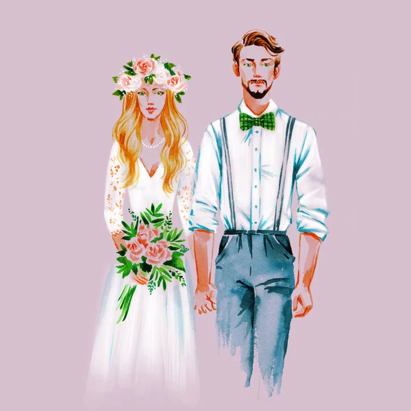 Novio Novia Sobre Fondo Blanco Acuarela Ilustración Pintada Mano — Foto de Stock