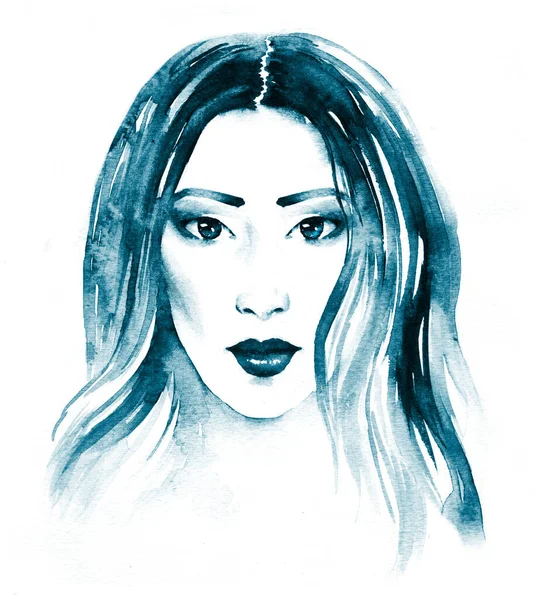 Vackra Unga Asiatiska Kvinnor Med Långt Hår Handfärg Akvarell Illustration — Stockfoto