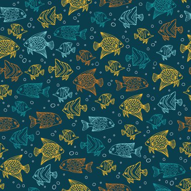 El çizimi deniz altı balıklar, kusursuz vektör deseni.