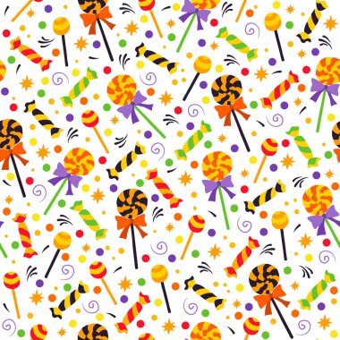 Şekerler ve şekerler vektörsüz desen, cadılar bayramı çizimi.