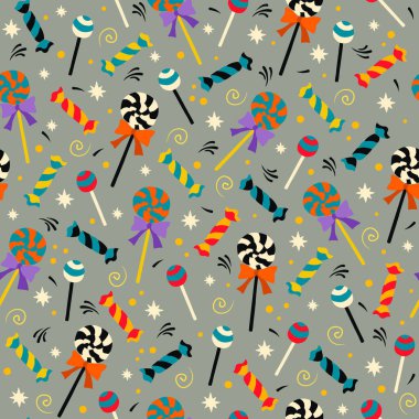 Şekerler ve şekerler vektörsüz desen, cadılar bayramı çizimi.