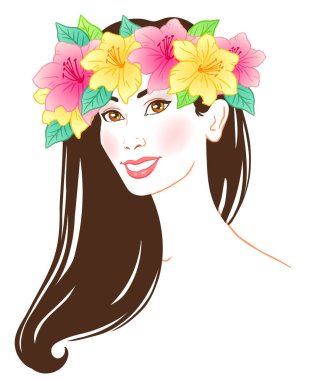Hawaii 'li bir Asyalı kızın portresi, vektör eli renkli çizim.