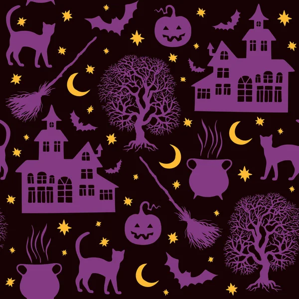 Patrón Místico Halloween Con Gatos Casas Encantadas Calabazas — Vector de stock