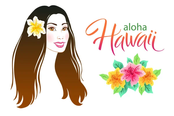 Aloha Hawaii Lettering Poster Vector Illustration Beauty Hawaiian Girl — Stock Vector