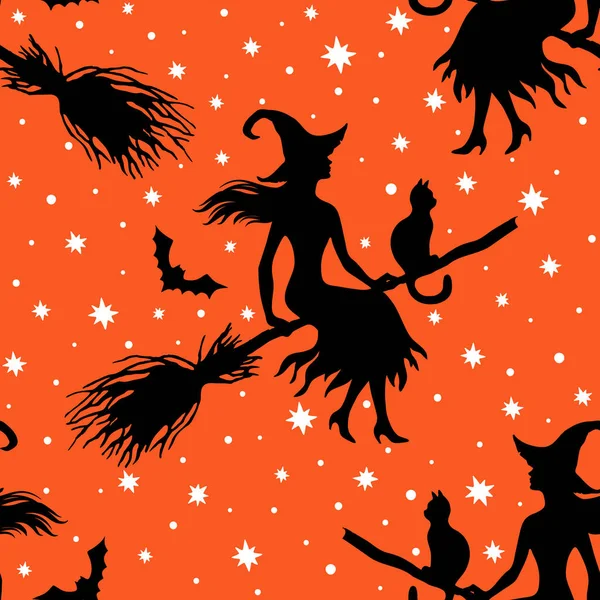 Silhuette Von Fliegenden Hexen Nahtloses Muster Vektorillustration Halloween — Stockvektor