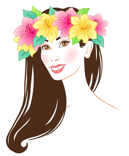 Portrait Une Fille Asiatique Hawaïenne Vecteur Dessin Main Illustration Colorée — Image vectorielle
