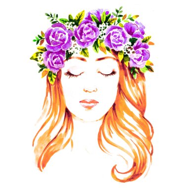 Çiçekli kız, el boyası suluboya illüstrasyon, kart için düğün geçmişi, gelin duşu, pankart, tebrik kartı, davetiye.