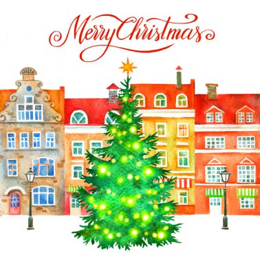 Noel 'de suluboya resimlerini Noel kasabası, Noel ağacı ve kar ile birlikte boyayacağız. Tebrik kartı, davet, pankart için arkaplan.