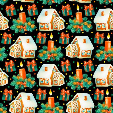 Elle boyanmış suluboya Noel süslemeleri ile Noel tatili kusursuz desen,