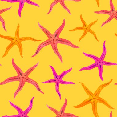 Suluboya el boyası seastar, denizyıldızı, tekstil, duvar kağıdı, kumaş, yaz tropikal arka plan.