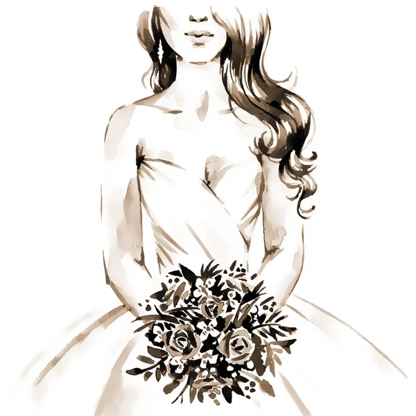 Sposa Con Bouquet Abito Sposa Pittura Mano Acquerello Illustrazione Sfondo — Foto Stock