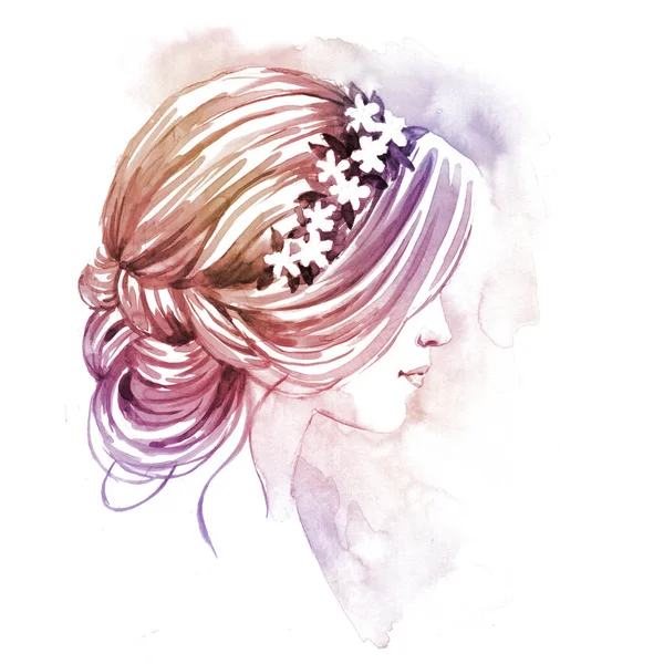 Fille Couronne Florale Dans Profil Peinture Main Illustration Aquarelle Fond — Photo