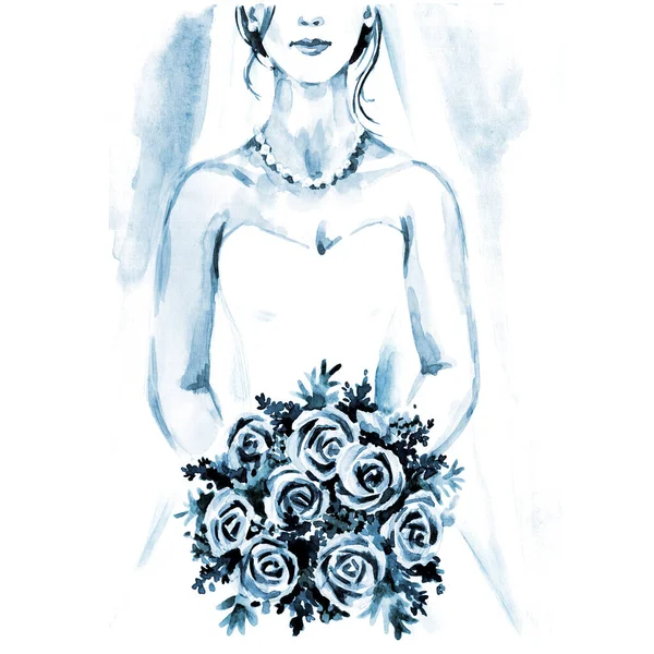 Sposa Con Bouquet Pittura Mano Acquerello Illustrazione Sfondo Nozze Carta — Foto Stock