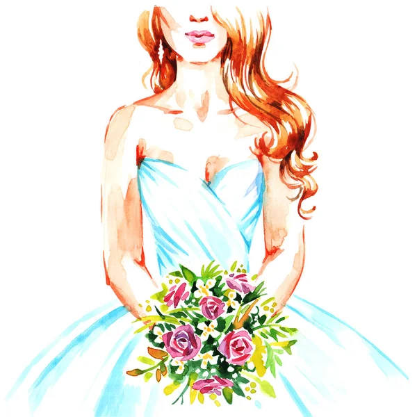 Braut Mit Brautstrauß Brautkleid Handbemalung Aquarell Illustration Hochzeitshintergrund Für Karte — Stockfoto