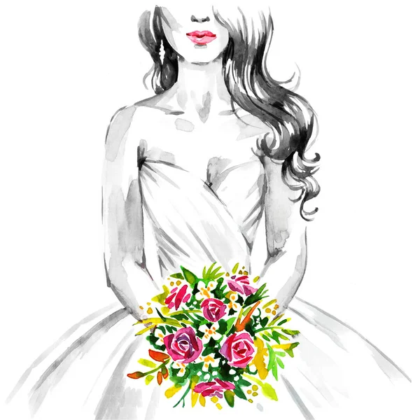 Sposa Con Bouquet Abito Sposa Pittura Mano Acquerello Illustrazione Sfondo — Foto Stock