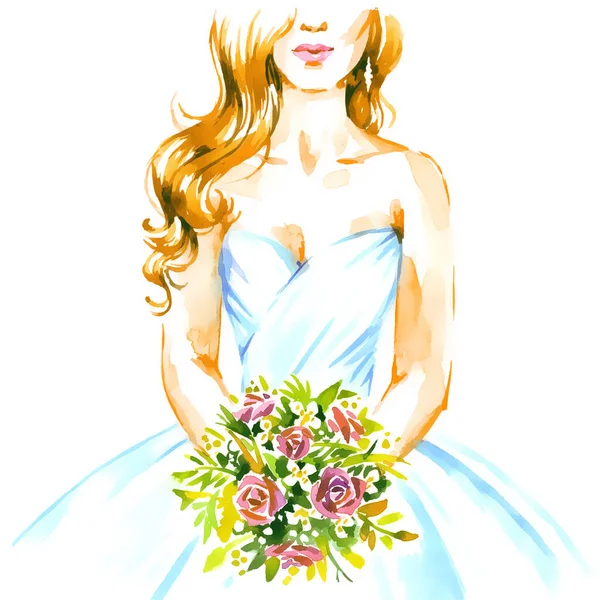 Sposa Con Bouquet Abito Sposa Pittura Mano Acquerello Illustrazione Sfondo — Foto Stock