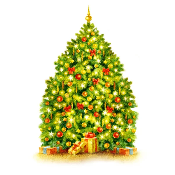 Albero Natale Con Decorazione Pittura Mano Acquerello Illustrazione Biglietto Auguri — Foto Stock