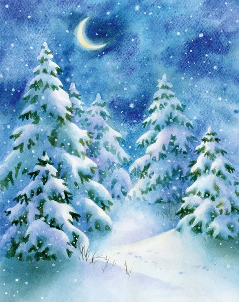 Suluboya kış ormanı, el boyası arka plan. Tebrik kartı, davetiye, poster için Noel ve Yeni Yıl illüstrasyonu.